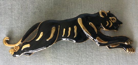 Massive 8 1/4" Long Mimi Di N Signed Panther Black Enamel Belt Buckle Gold Metal Vintage Designer Runway Couture Animal Statement Lion Cat