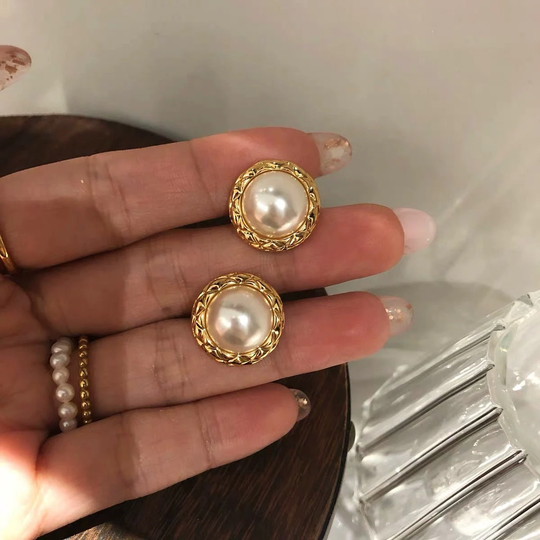 Classic Gold Rim Big Pearl Stud Earrings, Wedding Earrings, Big Studs, Vintage Style Earrings, Clip On Studs, No Piercing Earrings