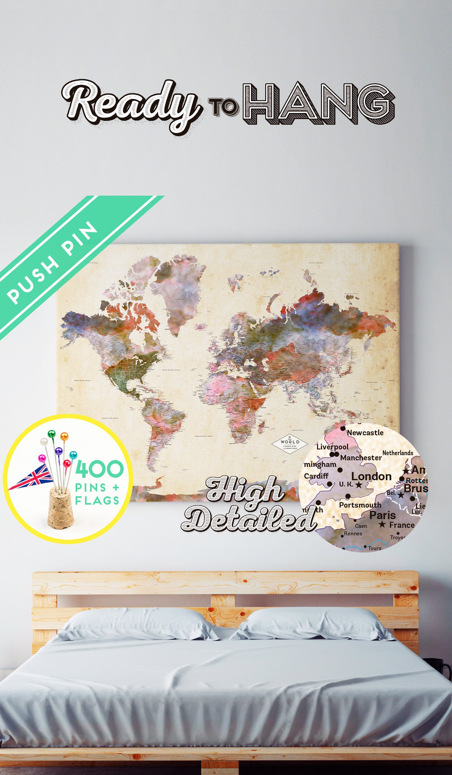 Personalized Travel Map Unique Push Pin World With 240 Pins & Flags - Rush Free Shipping Included