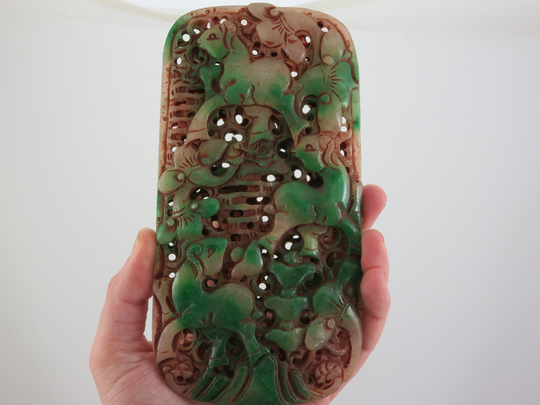 Vintage Chinese Carved Jadeite Plaque - Three Rams, Sanyang Kai Tai Jade Panel