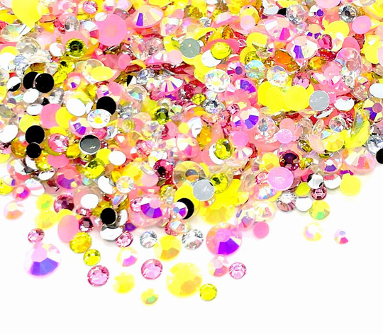 Pink Lemonade Blend Rhinestone Mix 3/4/5/6mm Flatback Jelly Resin Rhinestones Mixed Sizes, Pretty Mix - Pinks | White Yellow