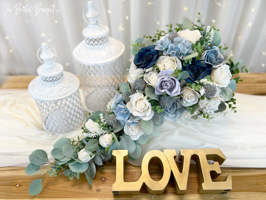 Slate Blue Dusty Blue Blend Wedding Bouquet | Cascading Bridal | Cascade