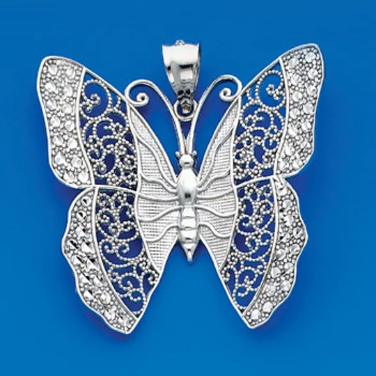 sterling Silver Combination Filigree & Diamond Cut Butterfly Pendant