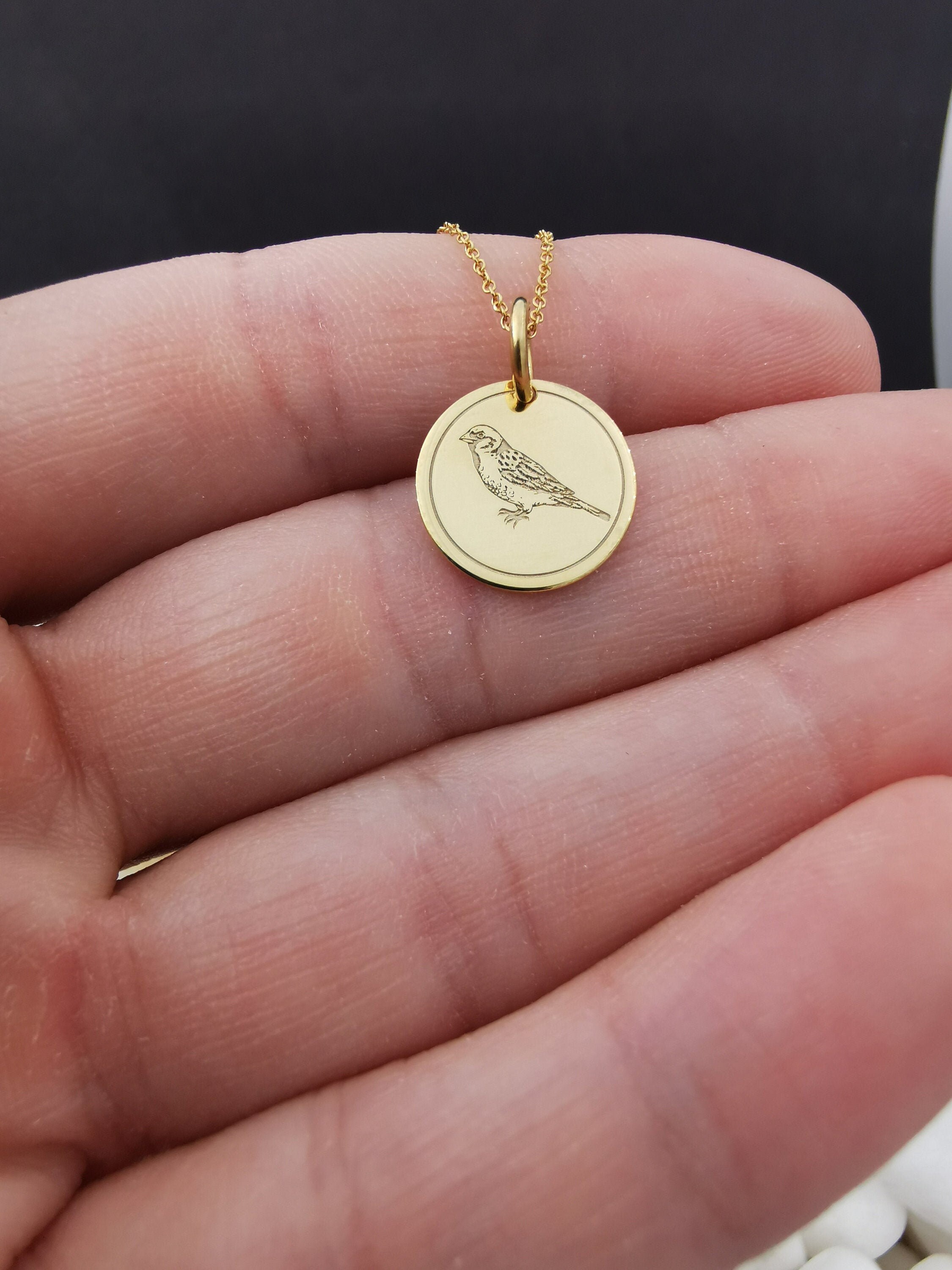 Dainty 14K Solid Gold Sparrow Necklace, Personalized Pendant, Necklace With Backside Engrave