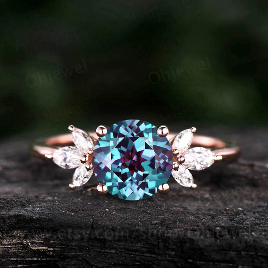 Round Alexandrite Ring Gold Silver Vintage Engagement Rose Flower Art Deco Moissanite For Women Promise Gift