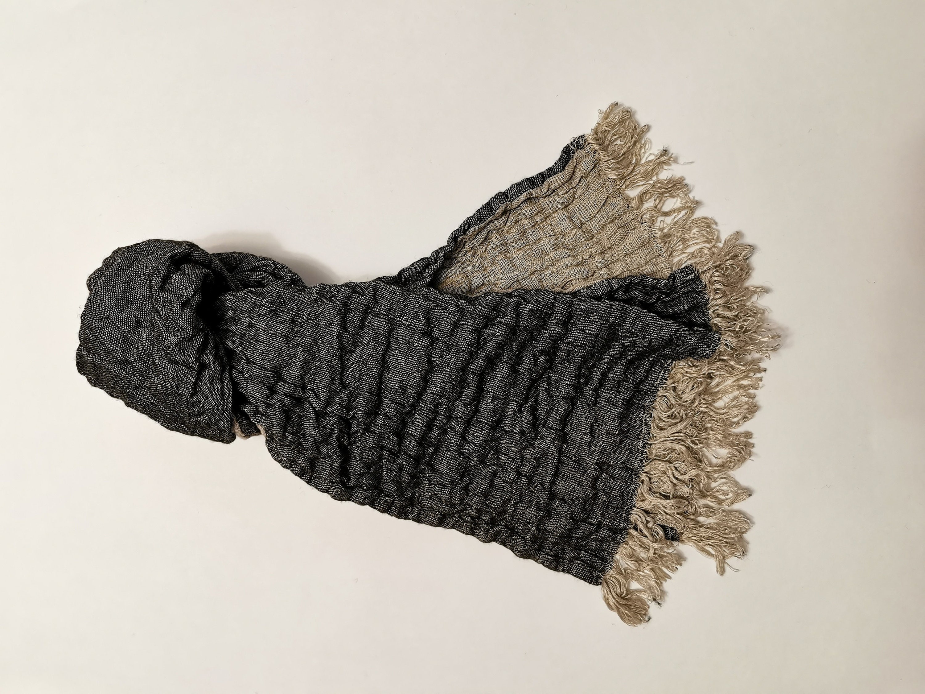 Double Sided Linen Wool Blend Scarf, Black Beige Shawl, Softened Warm Fluffy Winter Shawl