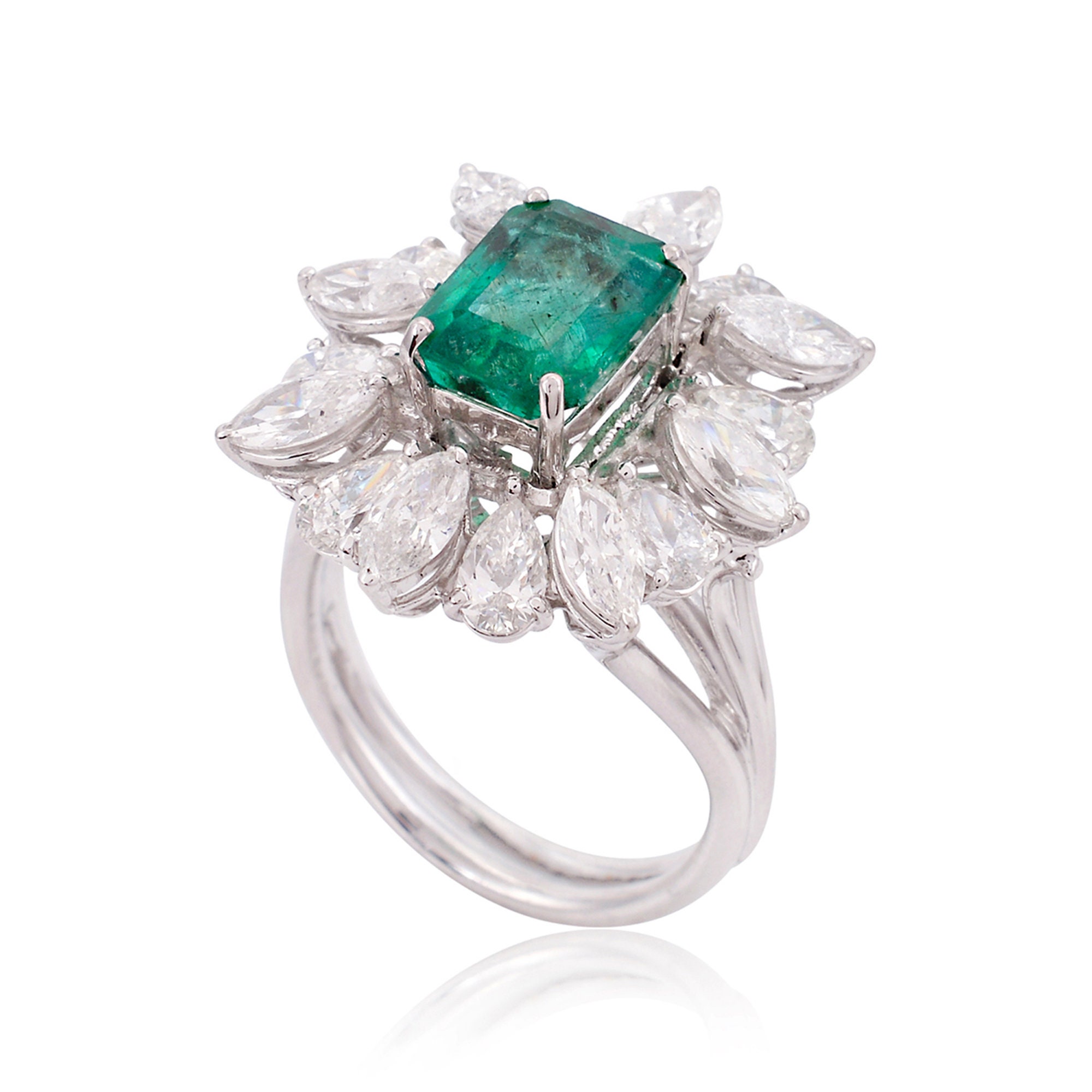 On Sale Diamond Ring Natural Marquise & Pear Emerald Cocktail Cluster 18K White Gold Wedding Jewelry