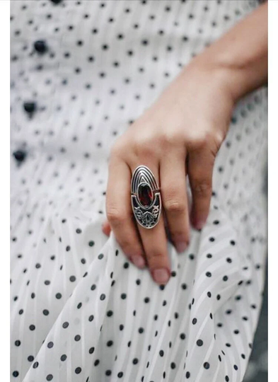 Armenian Jewelry Silver Ring Adjustable With Dark Red Zircon For Women Made in Armenia