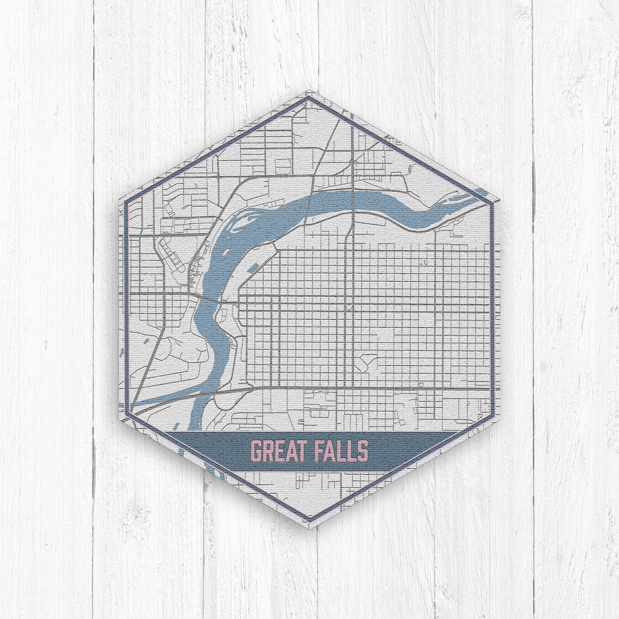 Great Falls Montana Street Map, Hexagon, Gray & Blue Print, Falls, Hexagon Canvas
