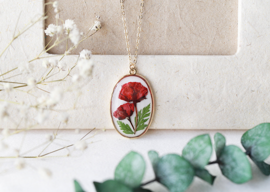 Pressed Natural Red Rose Flower Floral Oval Resin Pendant Necklace Mother's Day Gift