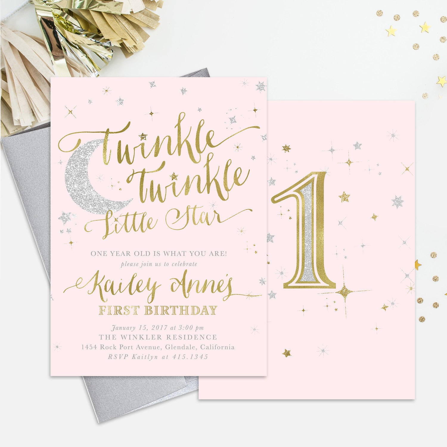 Twinkle Little Star Birthday Invitation 1St, 2nd Any Age Girl. Blush Pink, Gold & Silver Shimmer - First Party Invite
