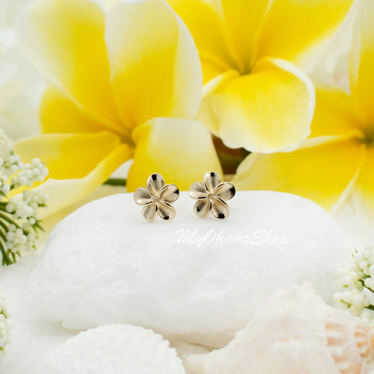 14K Gold Plumeria Stud Earrings For Girls, Women. 8mm & 10mm Solid Post Earrings. Hawaiian Island Jewelry Her