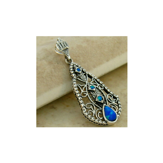 Vintage Estate Blue Fire Opal Filigree Pendant in 925 Solid Sterling Silver 433