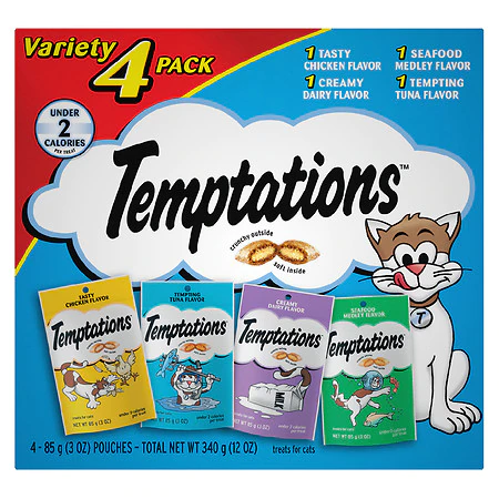 Temptations Crunchy and Soft Cat Treats Feline Favorites Variety Pack Seafood Medley, Chicken, Creamy Dairy & Tuna - 3.0 oz x 4 pack