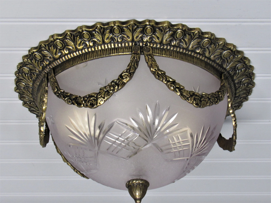 Rare Vintage Spanish Brass Flush Mount Ceiling Light, Wheel Cut Glass Shade 5" Long | Drop, 10" Diameter
