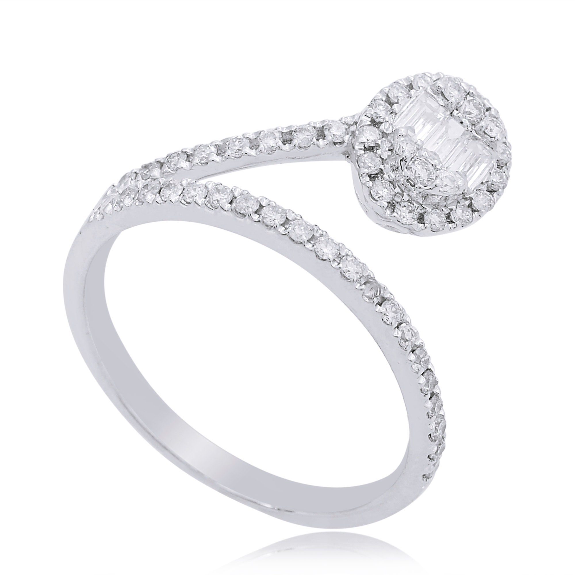 Real 0.45 Ct Diamond Ring, Baguette & Round Cut 18K Gold Solid , Hi/Si Band Ring