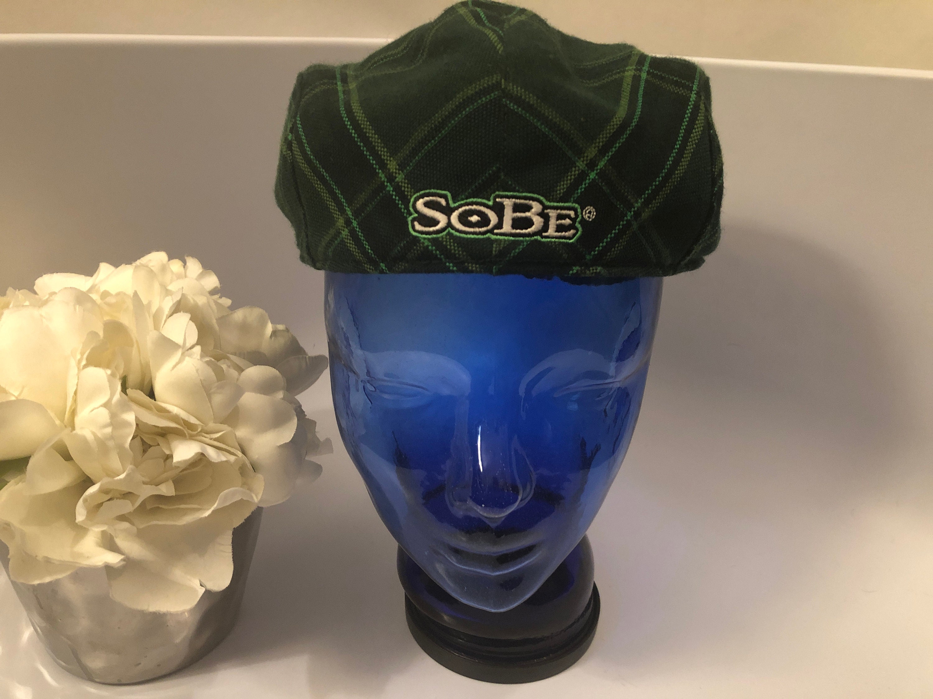 Vintage 1990's Wool Blend Sobe Drink Brand Logo Flat Cap Newsboy Green Plaid