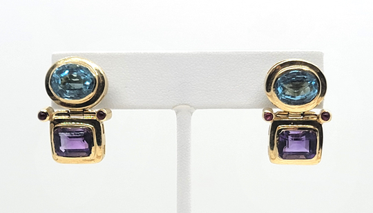 Amethyst Blue Topaz Earrings, 18K Yellow Gold