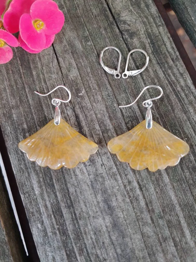 Just Listed Carved Yellow Jade Earrings. Ginko Leaf. Jade Ginko Earrings