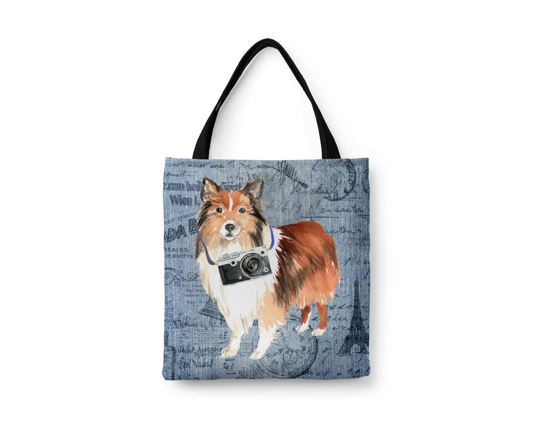 Shetland Sheepdog Tote Bag Illustrated Dogs & 6 Denim Inspired Styles. All Purpose Ideal For Shopping, Laptop. Sheltie, Miniature Collie