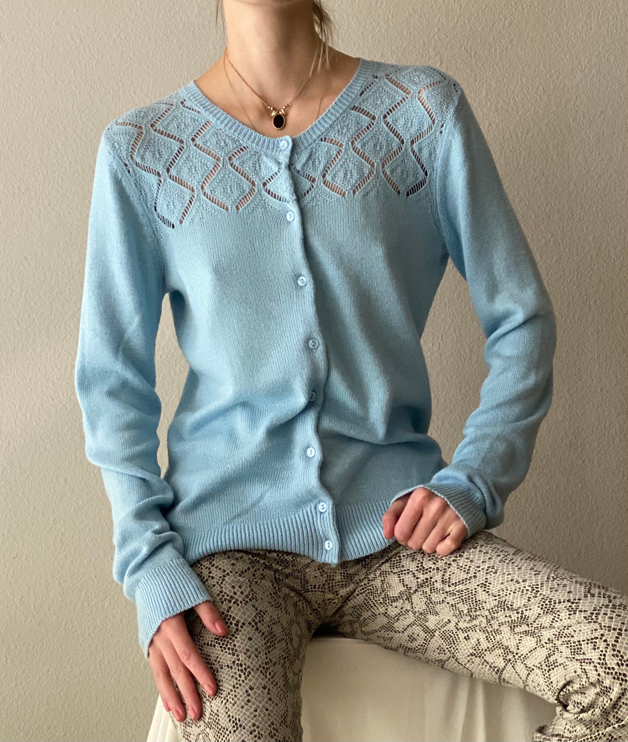 Vintage Blue Cotton Blend Cardigan, Size S