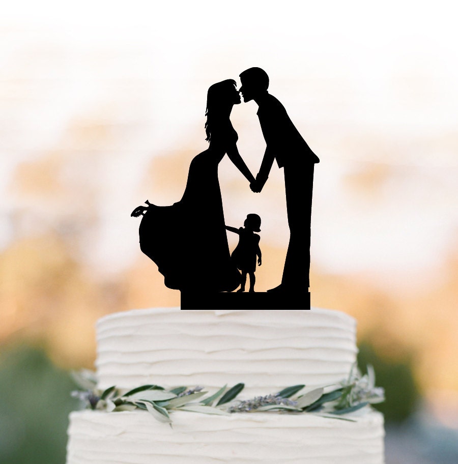 Family Wedding Cake Topper With Girl, Wedding Cake Toppers Silhouette, Funny Child Rustic Edding