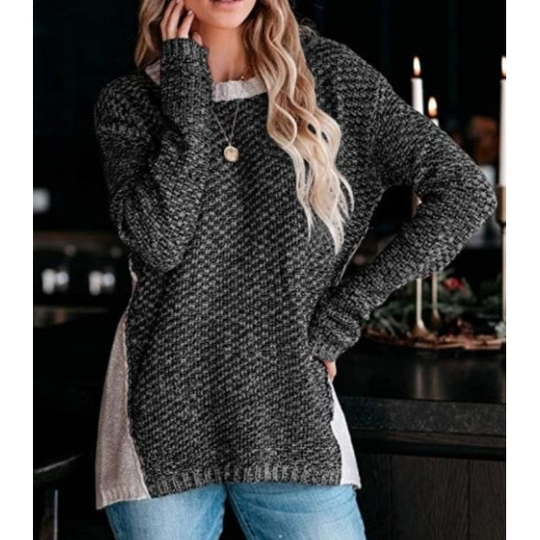Exclusive latest round neck blended wool knit sweater - black, M