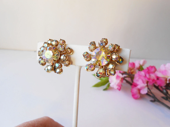 Vintage 1950's Rhinestone Cluster Clip-On Earrings, Glamorous Ab Earrings