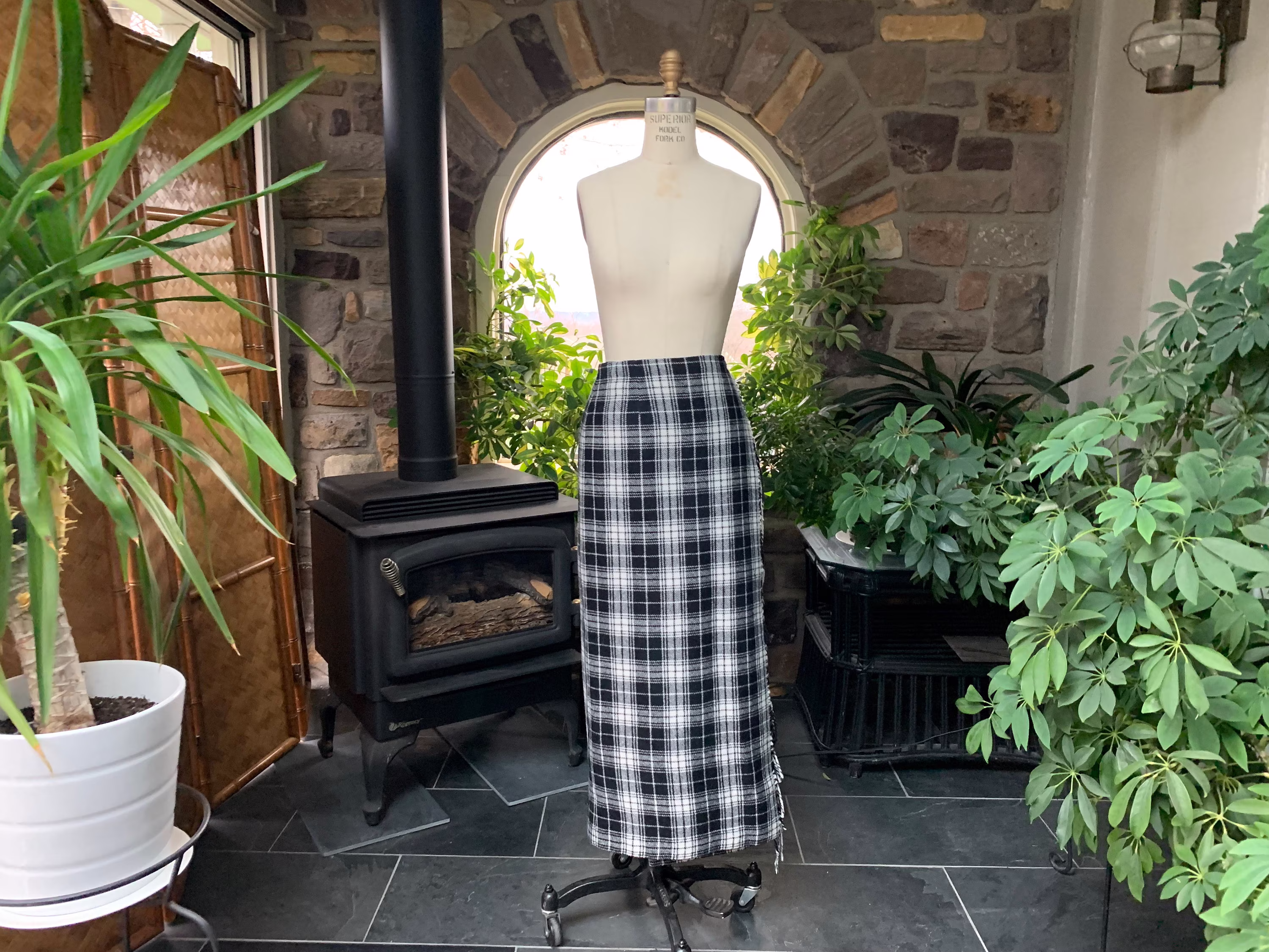 Vintage Black & White Plaid Wool Blend Maxi Wrap Skirt Cambridge Country
