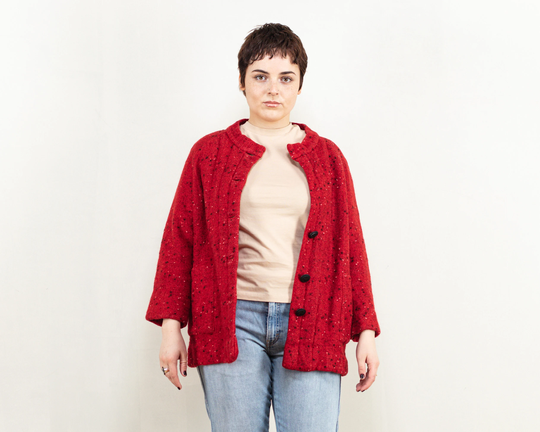 Pierre Cardin 70S Jacket Women Vintage Wool Blend Red Collarless Blazer Jacket Short Coat Designer Clothing Size Large