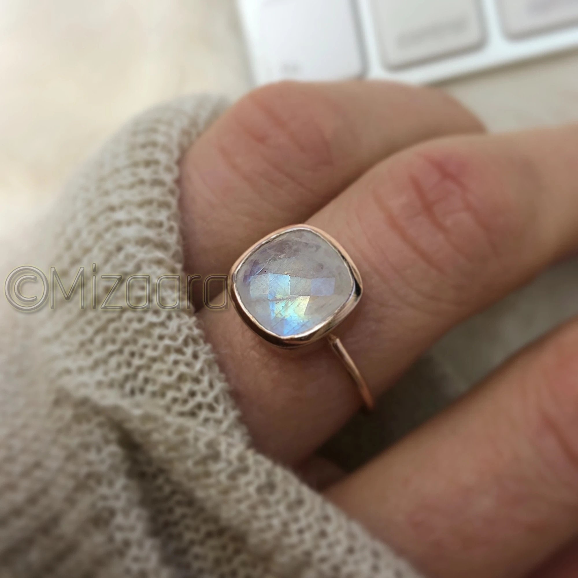 Cushion Moonstone Rose Gold Ring 925 Sterling Silver Checker Dainty Gemstone Jewelry Women's Gift Proposal