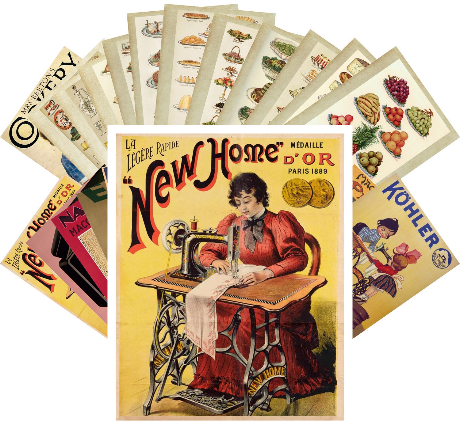 Postcard Set | 24 Cards Sewing Machines & Cook Books Vintage Adverts Posters Cc-1088