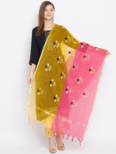 Women's Silk Blend Yellow & Pink Floral Embroidered Dupatta Free Shipping