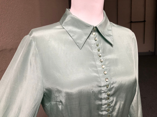 Silk Satin Cotton Blend Woven Retro Button Up Fitted Blouse Top Shirt Long Puffed Sleeves 1990S 90S 1940S 40S Vintage Dusty Mint Green Aqua