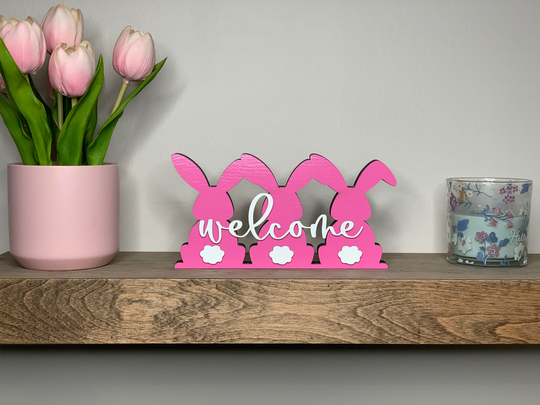 Bunny Welcome Freestanding Wood Sign, Easter Decor, Shelf Desk Tabletop 3D 5" & 7" Tall Available