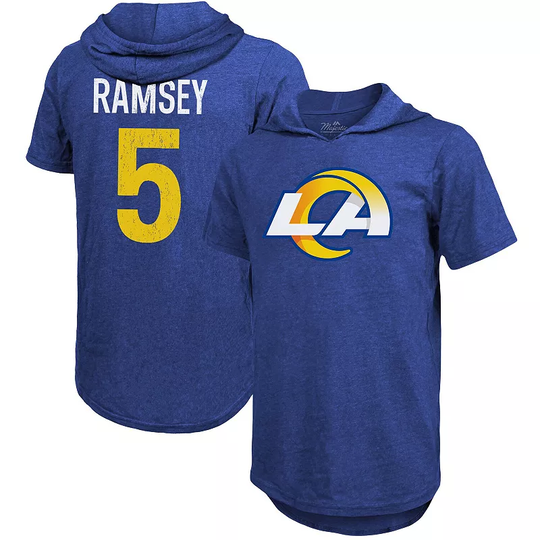 Men's Majestic Threads Jalen Ramsey Royal Los Angeles Rams Player Name & Number Tri-Blend Hoodie T-Shirt, Size: XL, Blue