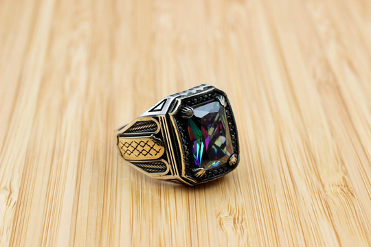 Mystic Topaz Ring, Handmade Turkish Silver Men Men's Jewelry, Gift For Him, 925K Sterling