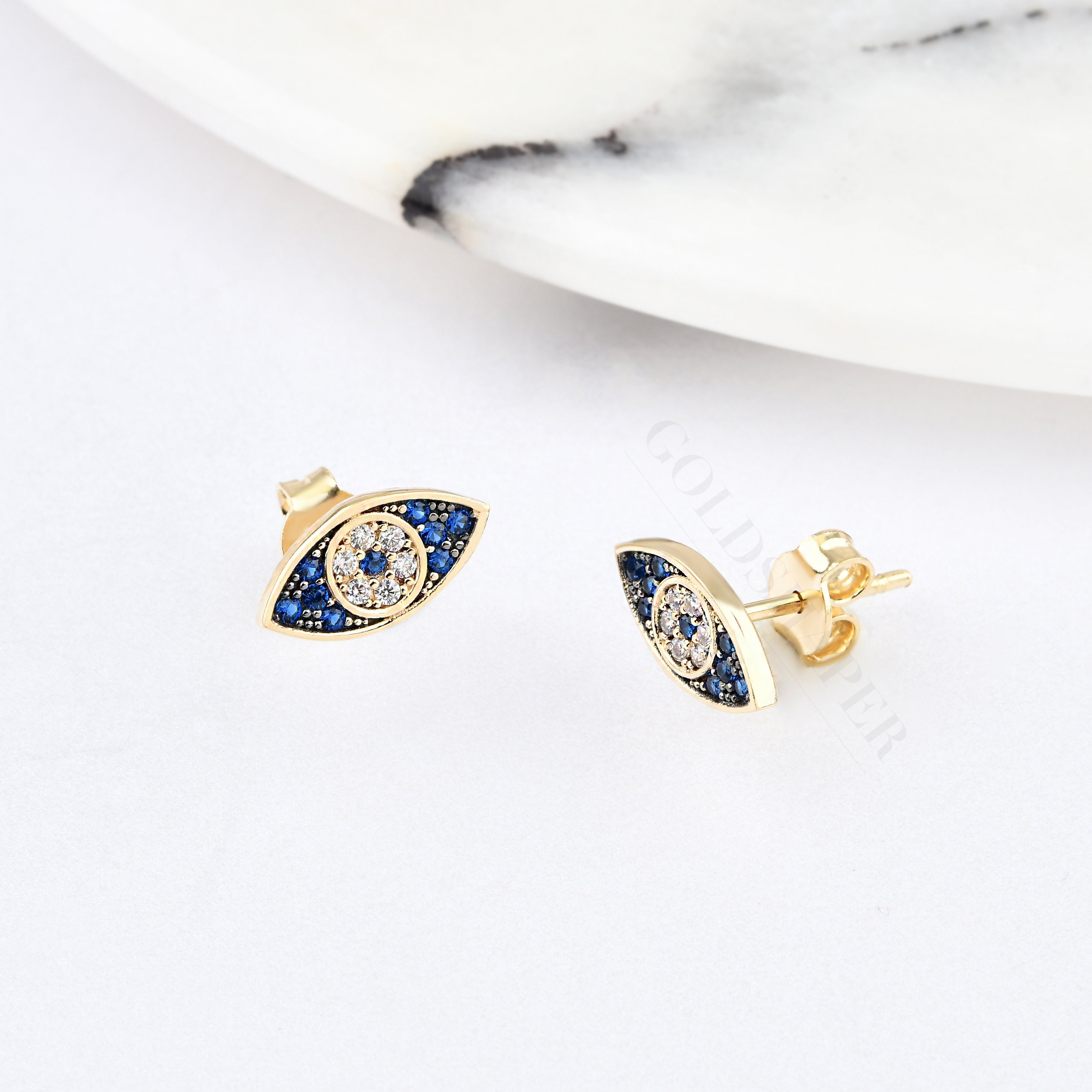 Evil Eye Earrings, 14K Solid Gold Valentine's Day Gift, Christmas Wedding Birthday Gift