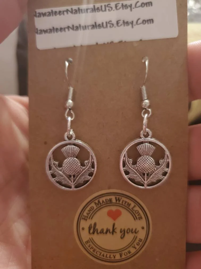 Scottish Thistle Silver Plated Circle Earrings. Hypoallergenic Hooks. Outlander Scotland Flower