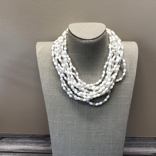 Vintage Trifari White Acrylic Ten Strand Beaded Necklace From The 80S