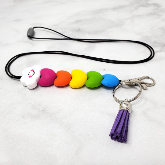 Rainbow Hearts Lanyard, Silicone Beaded Teacher Gift, Badge Holder, Breakaway Lanyard