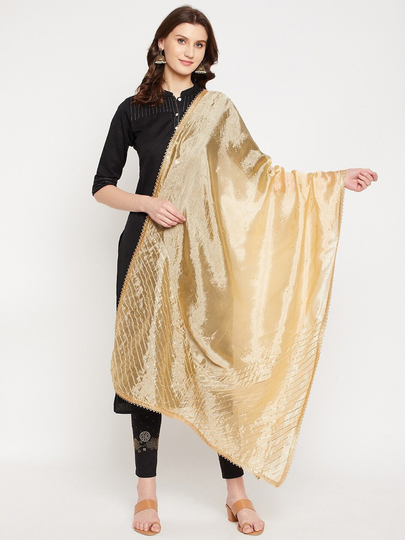 Women's Silk Blend Beige Embroidered Dupatta With Gotta Patti Free Shipping
