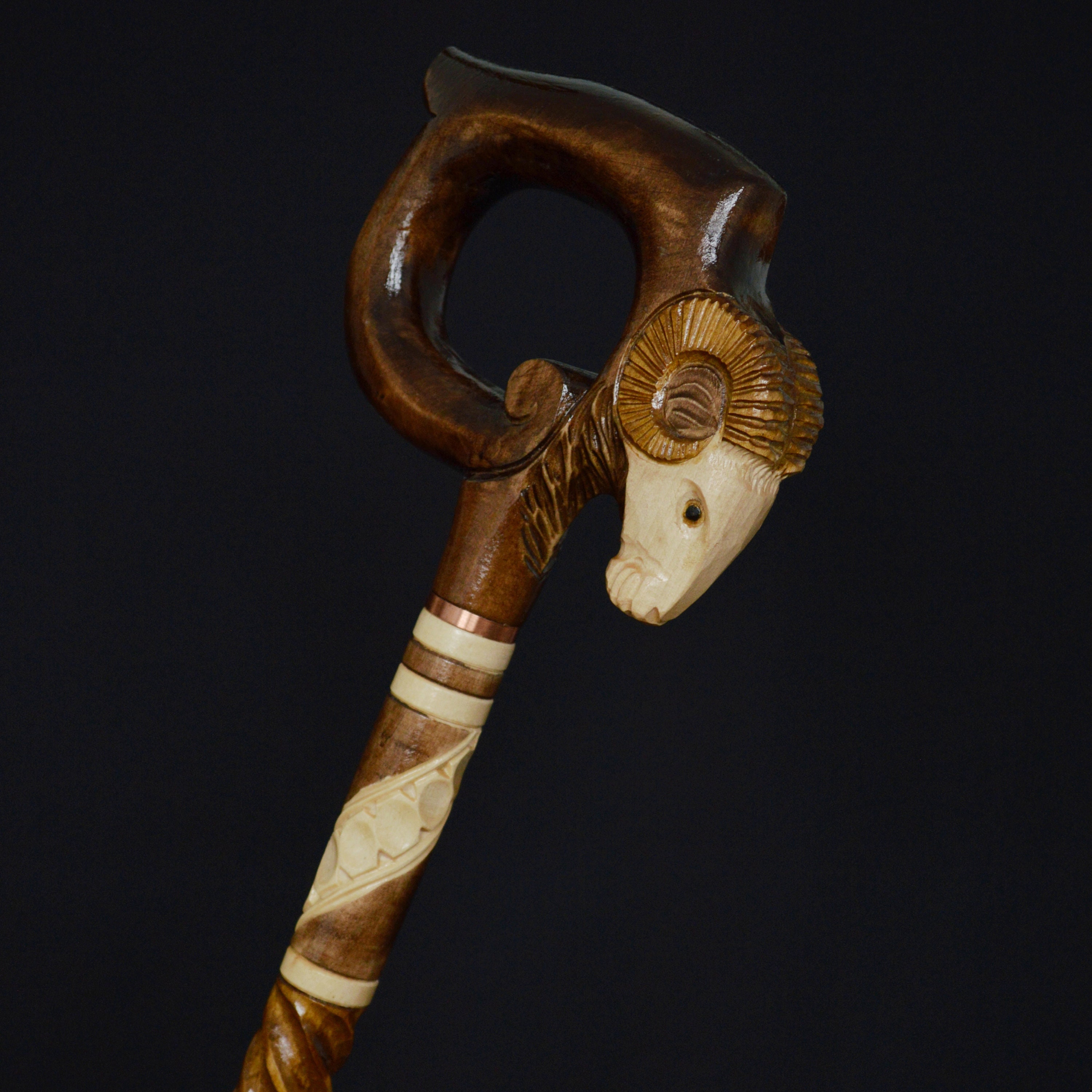 Gift Cane Walking Stick Canes Sticks Reed Staff Wood Wooden Hand-Carved Carving Handmade Accessories | Ram Round Brown