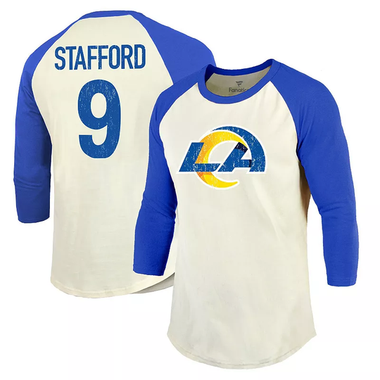 Men's Fanatics Branded Matthew Stafford Cream/Royal Los Angeles Rams Player Name & Number Raglan 3/4-Sleeve T-Shirt, Size: XL, Beige Over