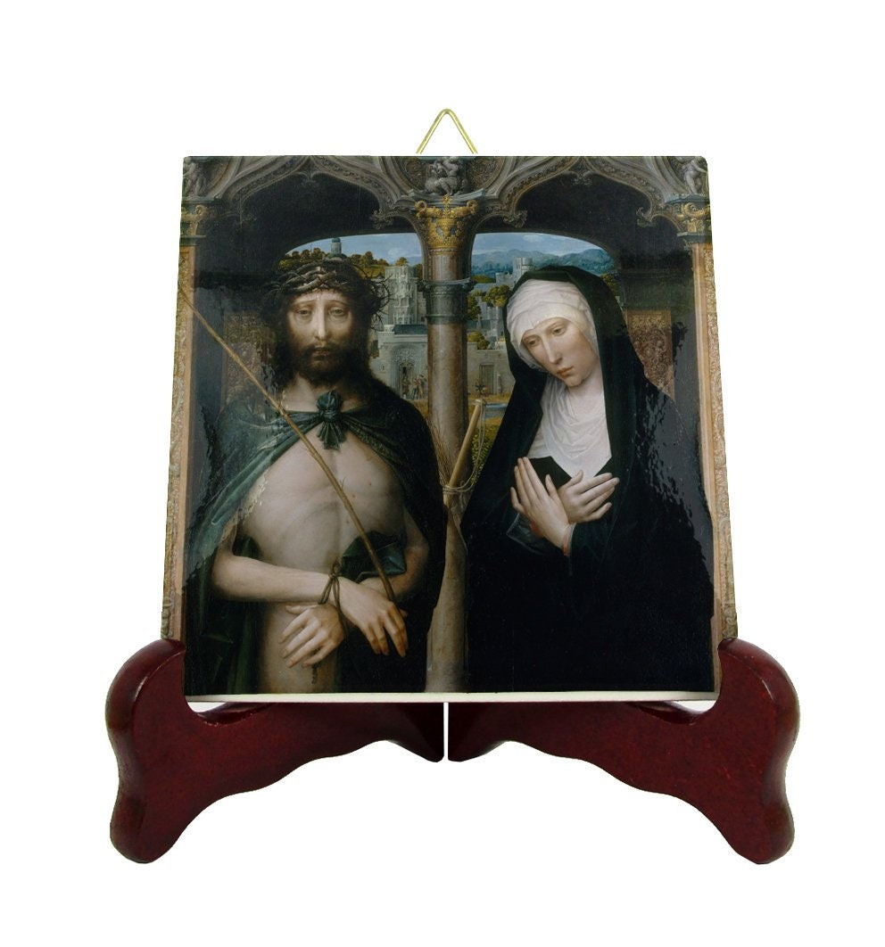 Christ Crowned With Thorns & The Mourning Virgin - Religious Icon On Ceramic Tile Jesus Mary Catholic Art Devotionals Pray