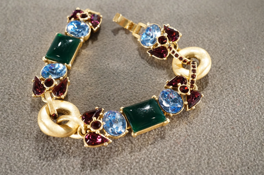 Vintage Gold Tone Tennis Bracelet Multi Color Round Oval Pear Rectangle Glass Stones Line Link Station Art Deco Style Collectable #4021