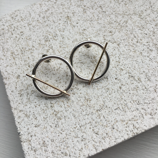Sphere Bar Studs, Statement Earrings, Sterling Silver, 9Ct Gold Bars, Chunky Recycled Handmade Jewellery