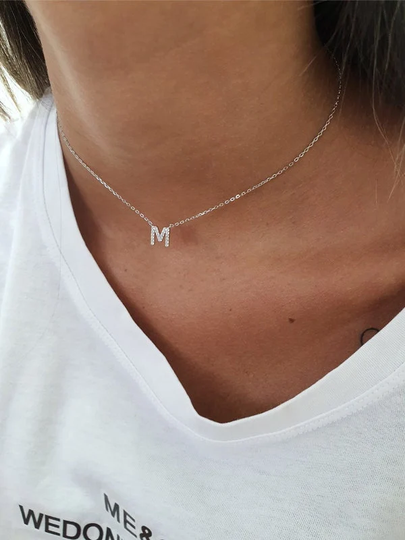 Cubic Zirconia Custom Initial Necklace, Pave Tiny Diamond Letter Charm, 925 Sterling Silver, Gold, Rose Gold
