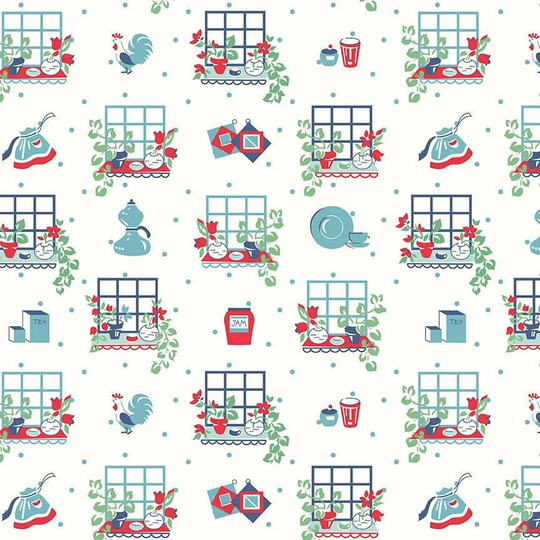 Lori Holt Cook Book Fabric By Riley Blake - White & Blue "Kitchen Window" The 1/2 Yard Or Fat Quarter