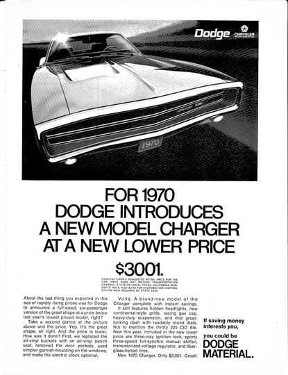 1970 Dodge Charger Cost 3, 001-225 Cid V-6 Original Magazine Ad